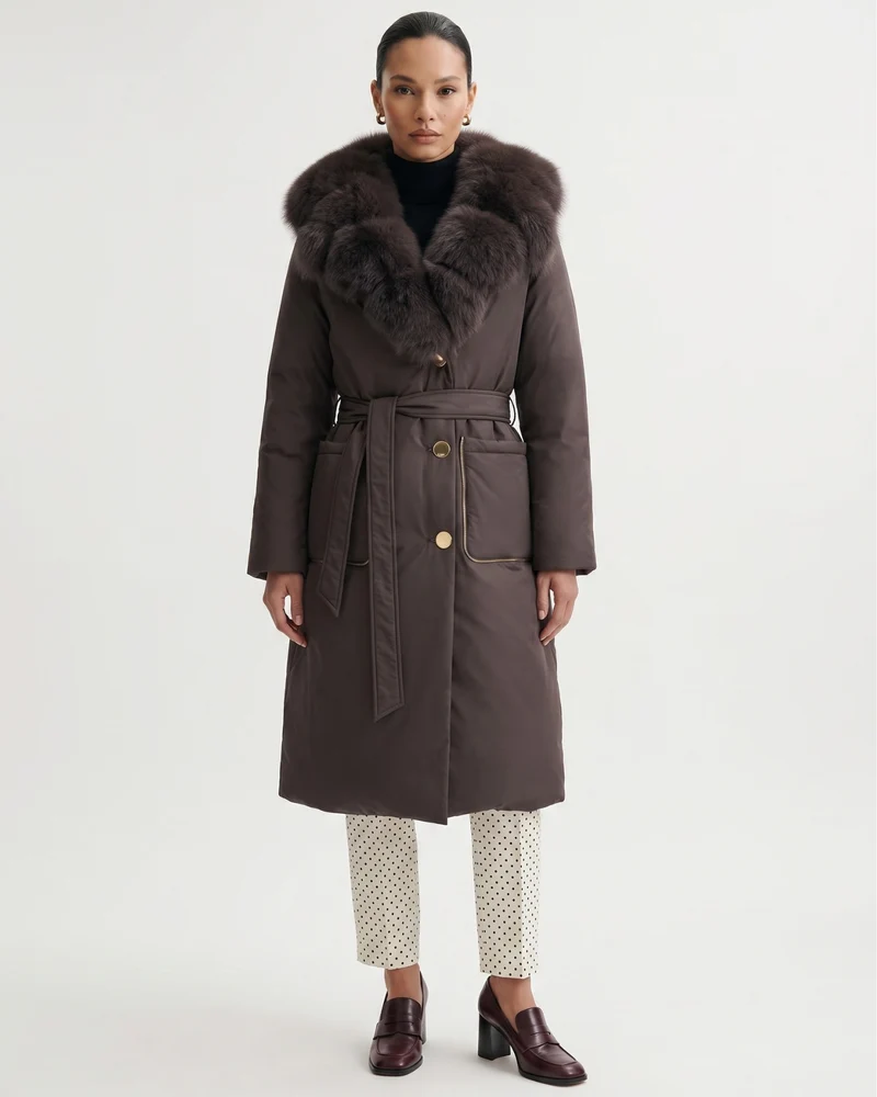 Long Down Jacket Fox Fur Collar Belted Thick Winter Coat