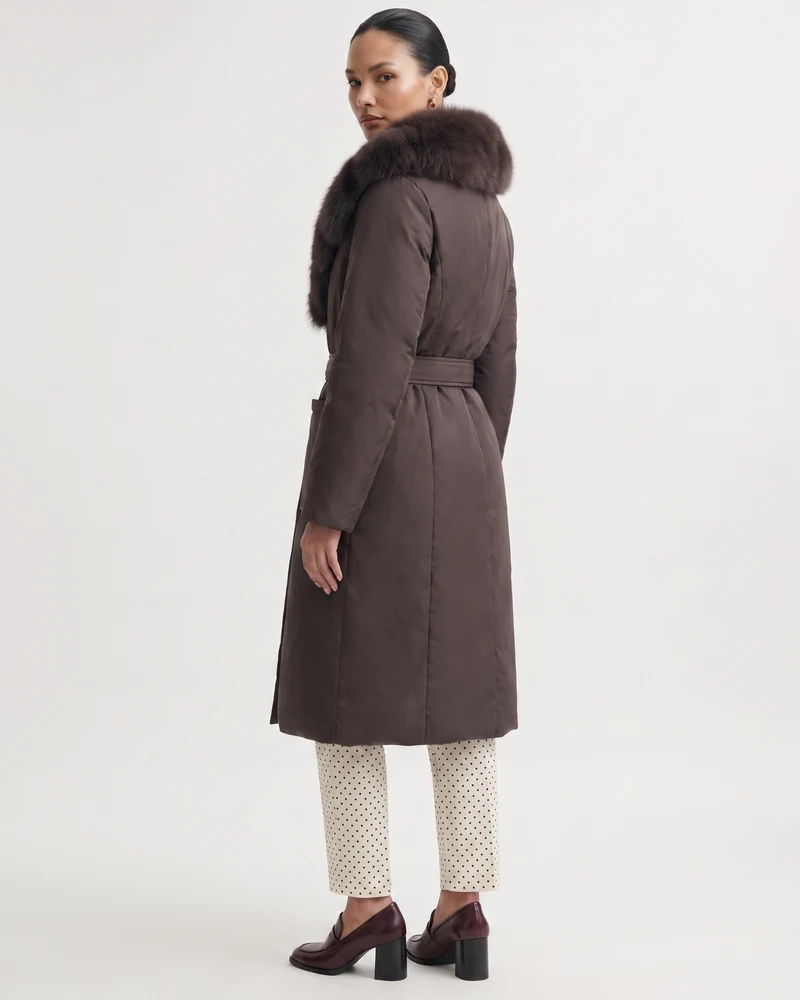 Long Down Jacket Fox Fur Collar Belted Thick Winter Coat