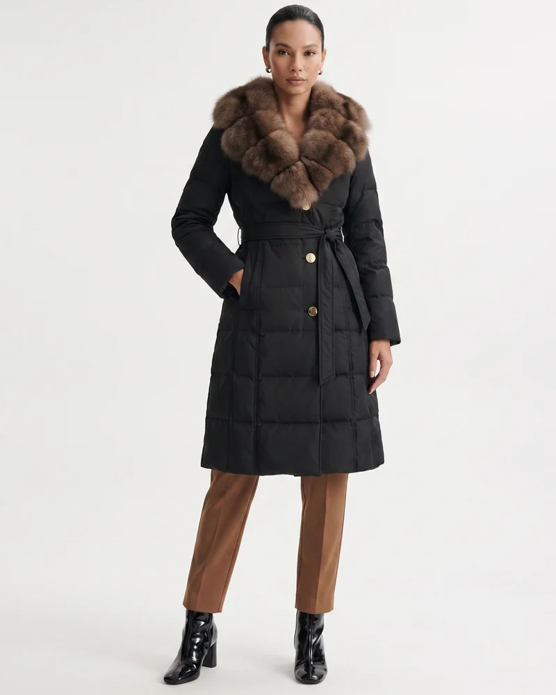 Long Down Jacket Fox Fur Collar Belted Thick Winter Coat