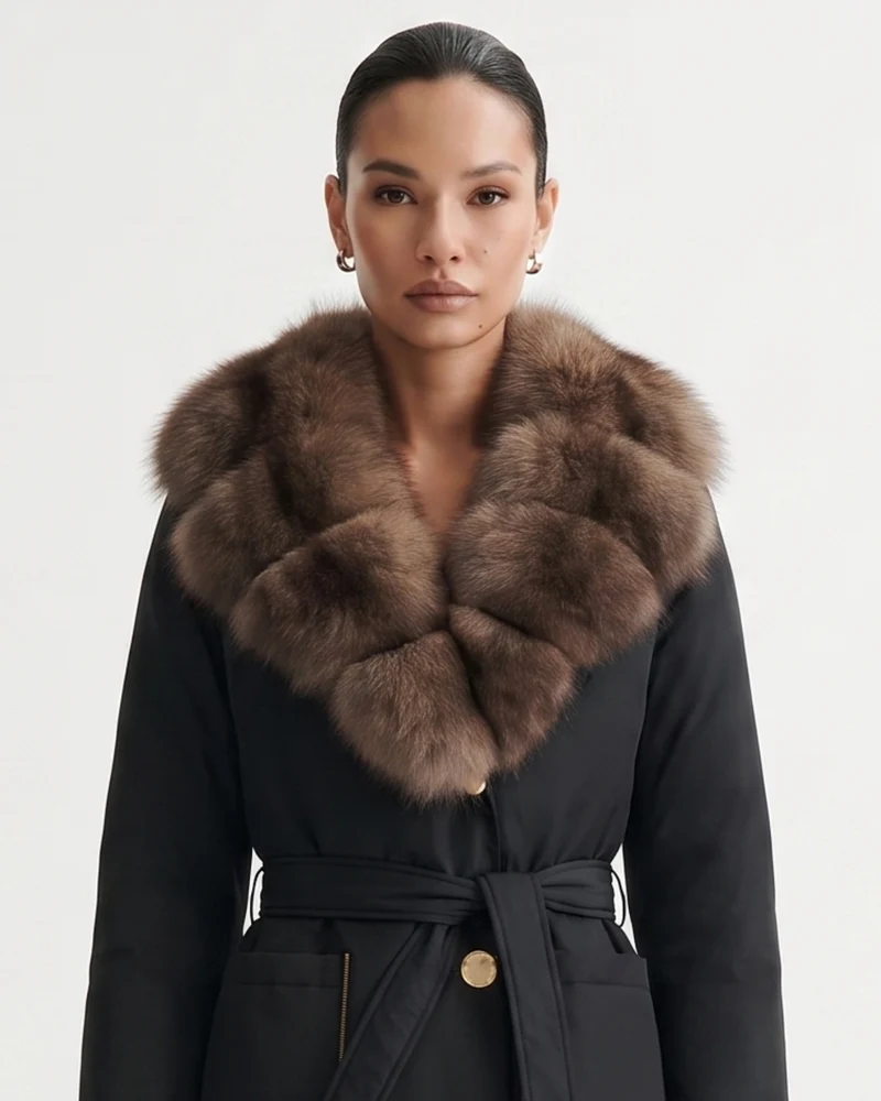 Long Down Jacket Fox Fur Collar Belted Thick Winter Coat