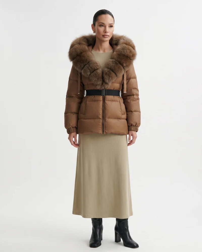Duck Down Jacket with Fox Fur Trim