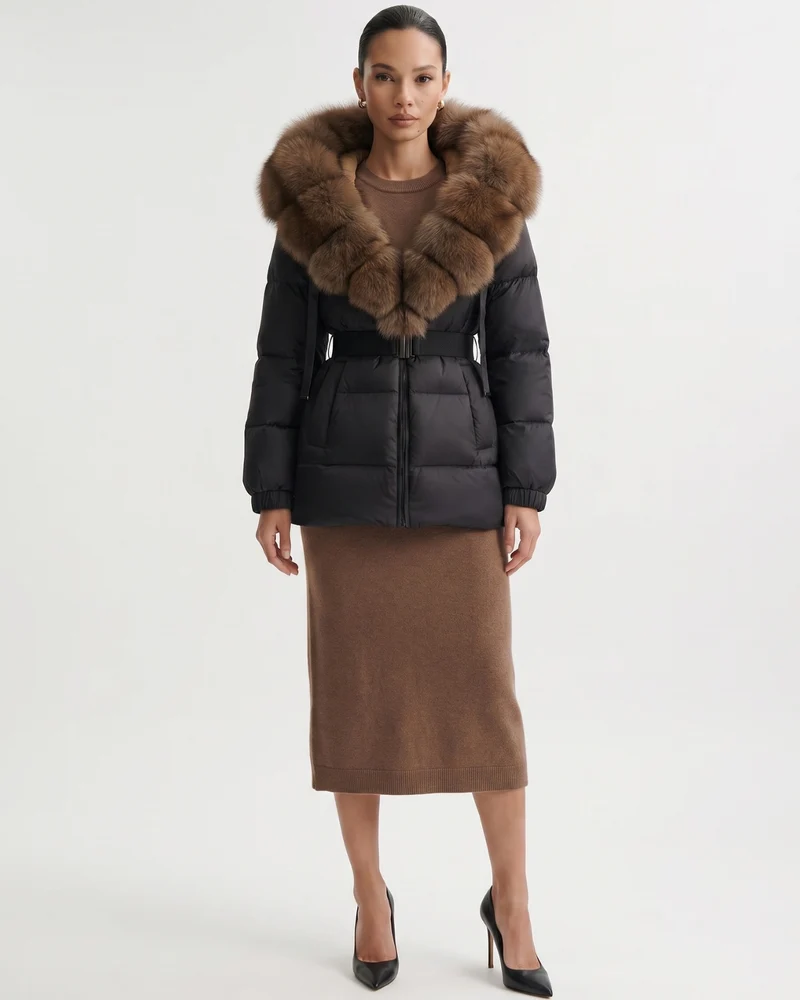 Duck Down Jacket with Fox Fur Trim