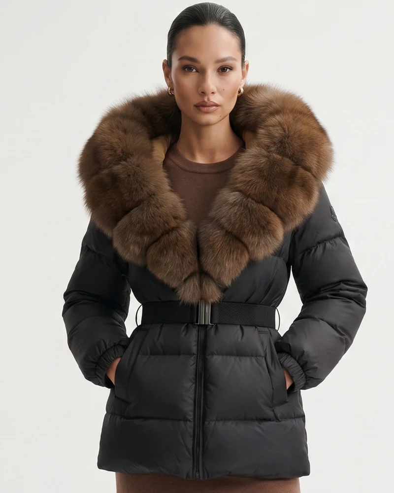 Duck Down Jacket with Fox Fur Trim