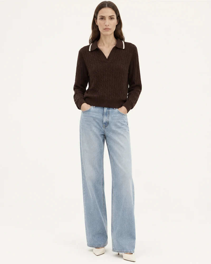 Collared Cable Knit Cashmere Sweater Polo