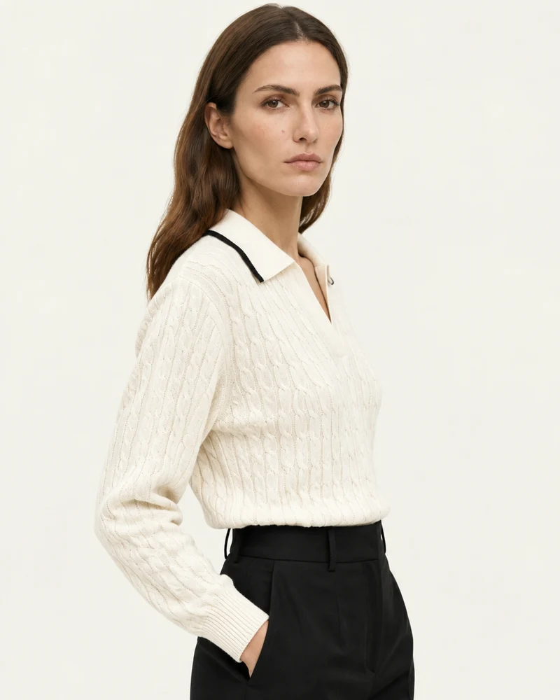 Collared Cable Knit Cashmere Sweater Polo