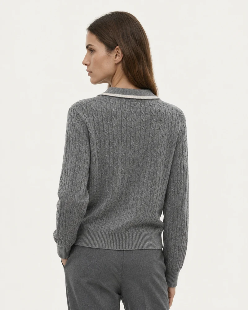 Collared Cable Knit Cashmere Sweater Polo