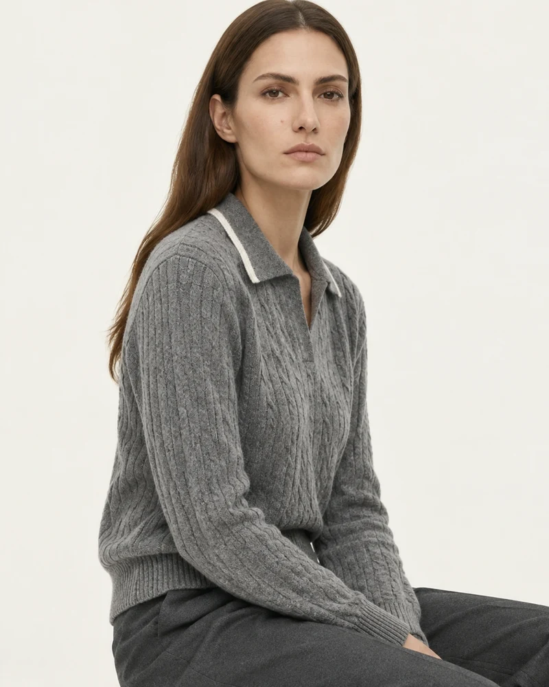 Collared Cable Knit Cashmere Sweater Polo