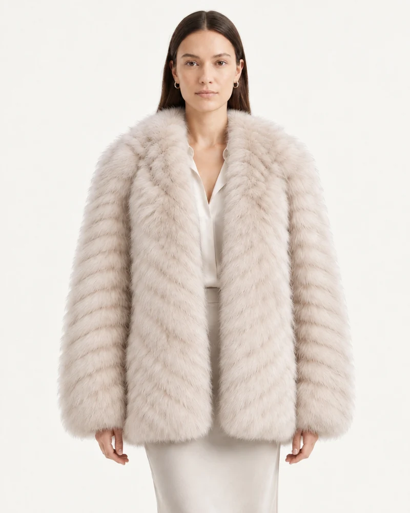 V-Neck Short Striped Fox Fur Jacket