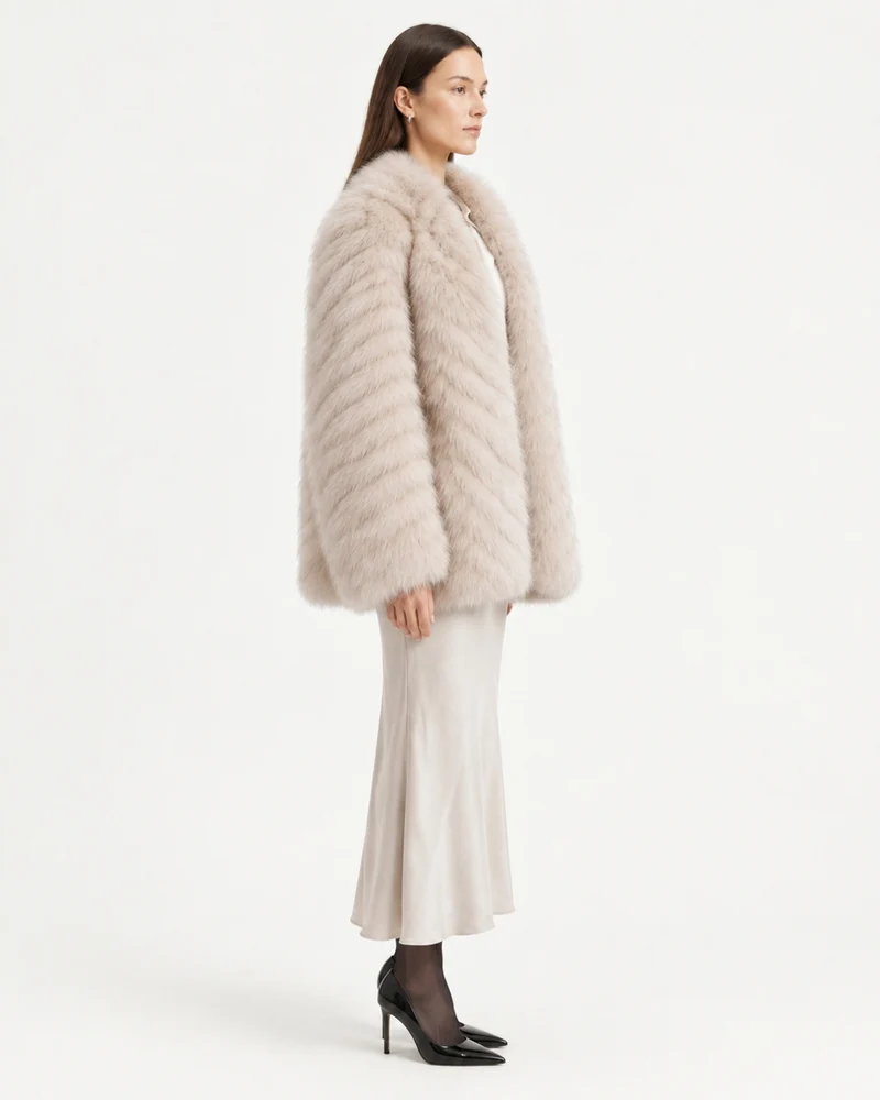 V-Neck Short Striped Fox Fur Jacket