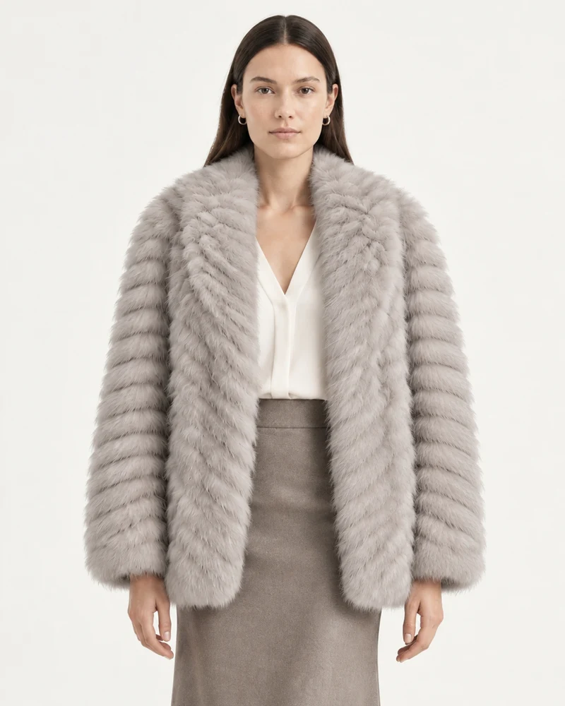 V-Neck Short Striped Fox Fur Jacket