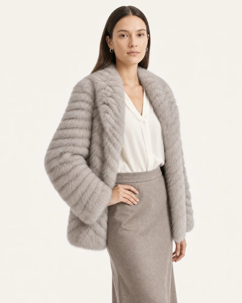 V-Neck Short Striped Fox Fur Jacket
