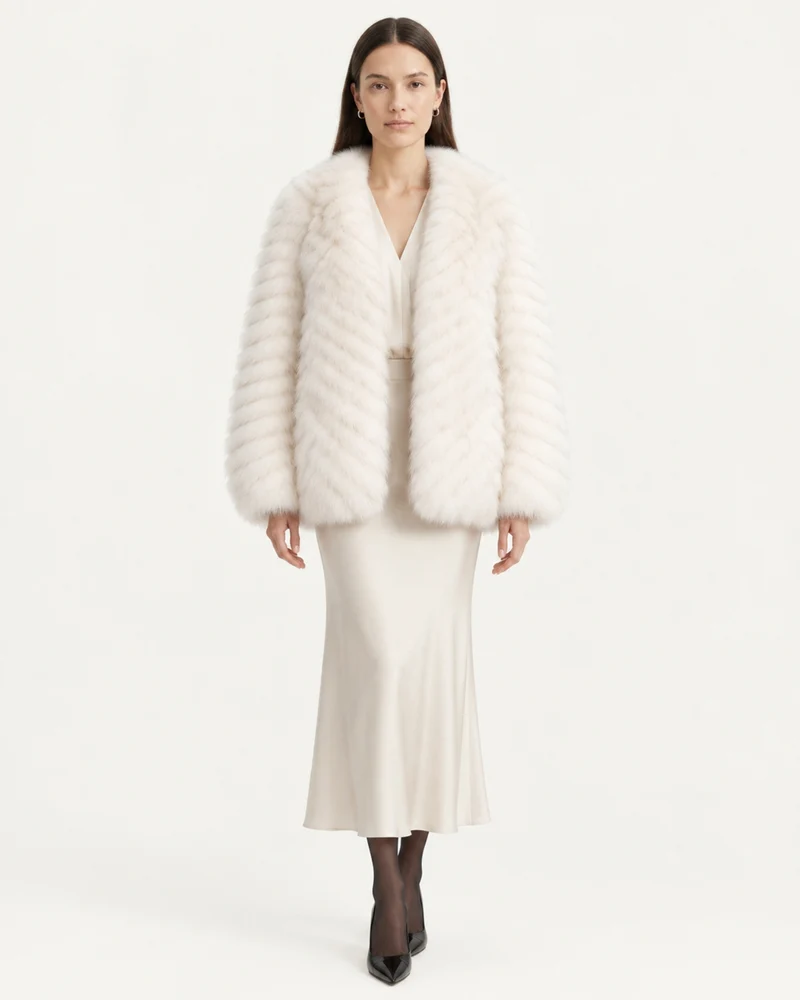 V-Neck Short Striped Fox Fur Jacket