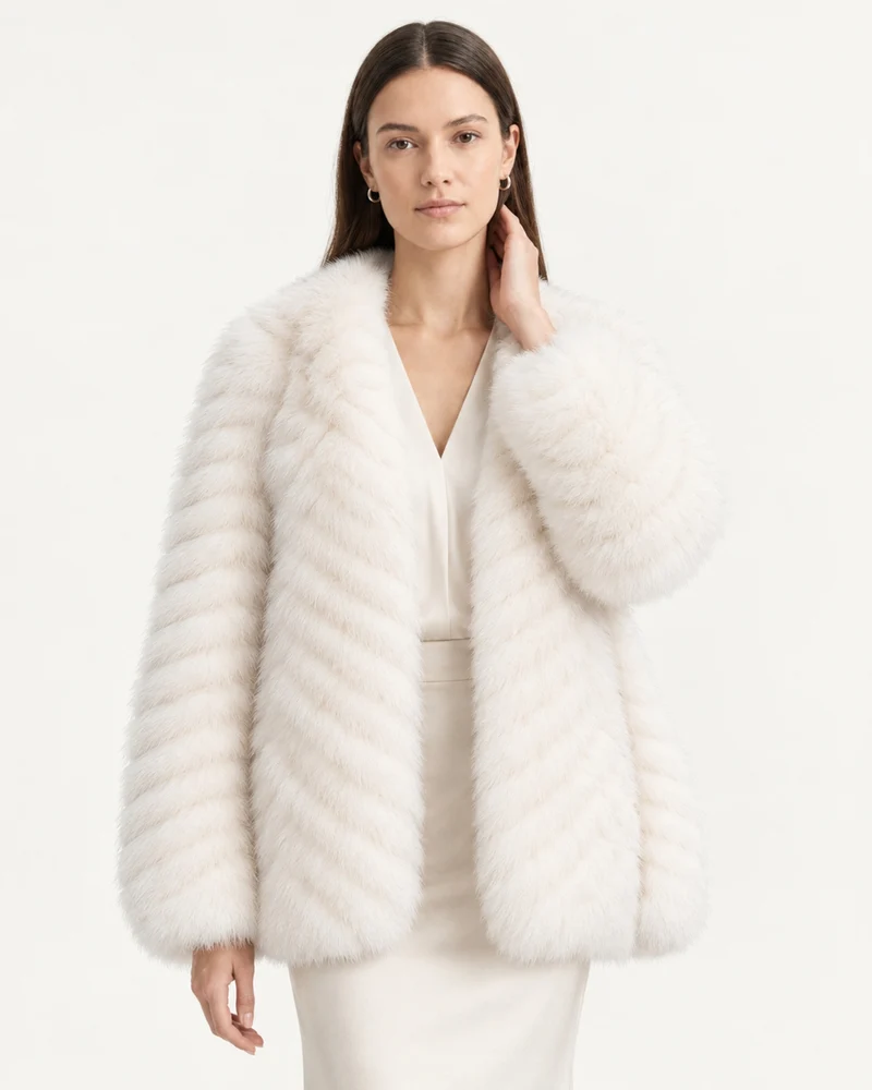 V-Neck Short Striped Fox Fur Jacket