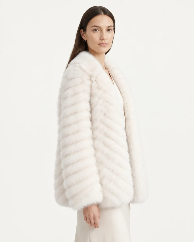 V-Neck Short Striped Fox Fur Jacket