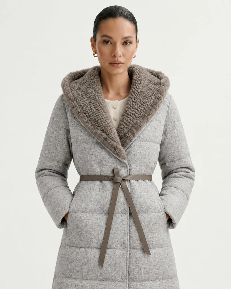 Mid-Length Goose Down Jacket with Mink Hood