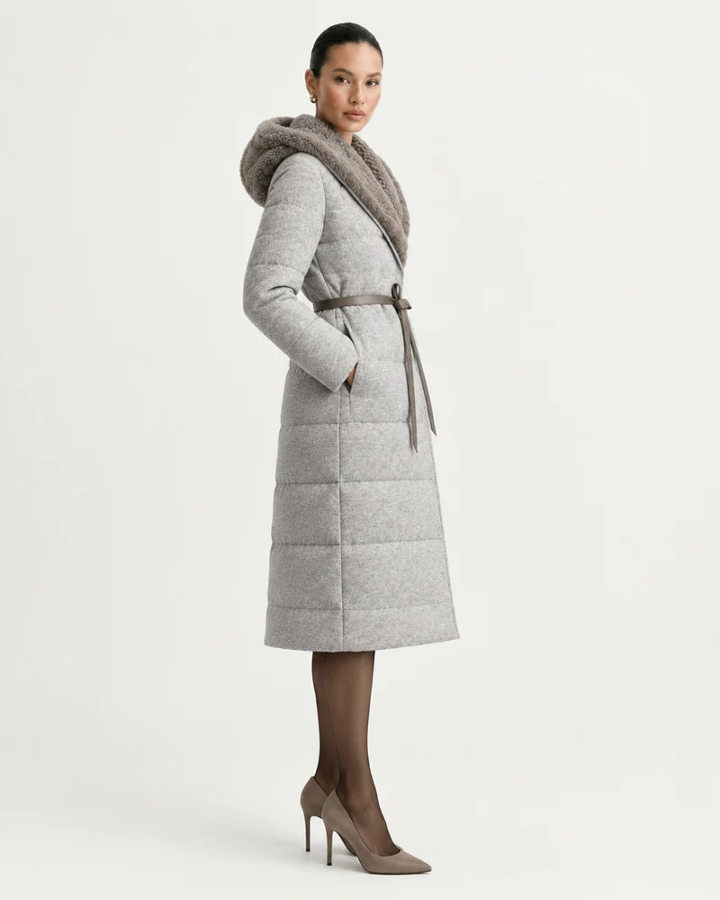 Mid-Length Goose Down Jacket with Mink Hood