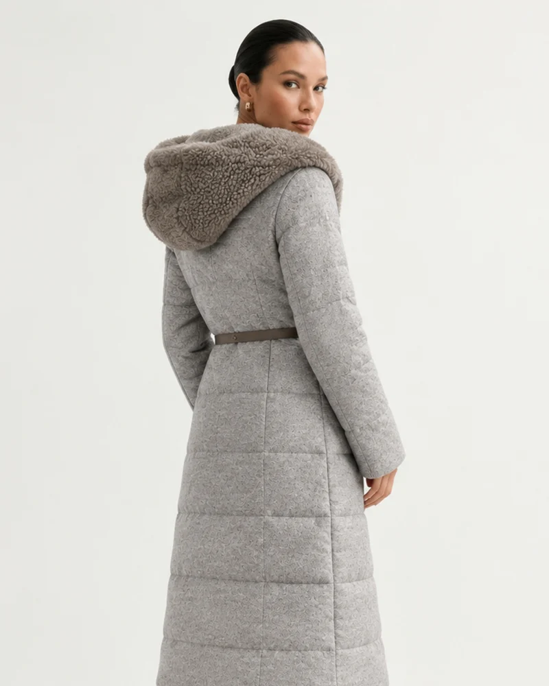 Mid-Length Goose Down Jacket with Mink Hood