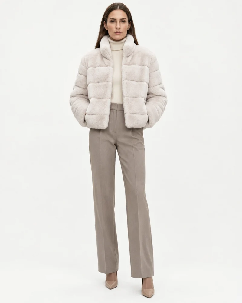 Rihanna Stand Collar Short Rex Rabbit Fur Jacket