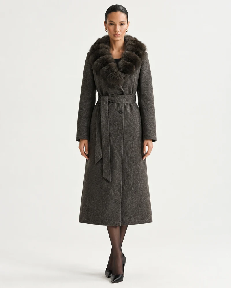 Relaxed Fit Heavyweight Down Coat with Fur Collar Long