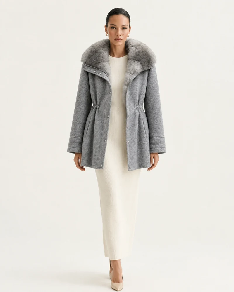Rabbit Lined Wool Parka with Fox Fur Collar