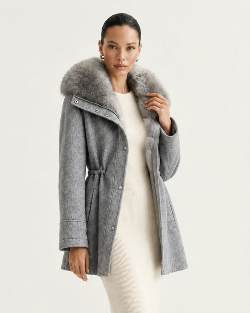 Rabbit Lined Wool Parka with Fox Fur Collar