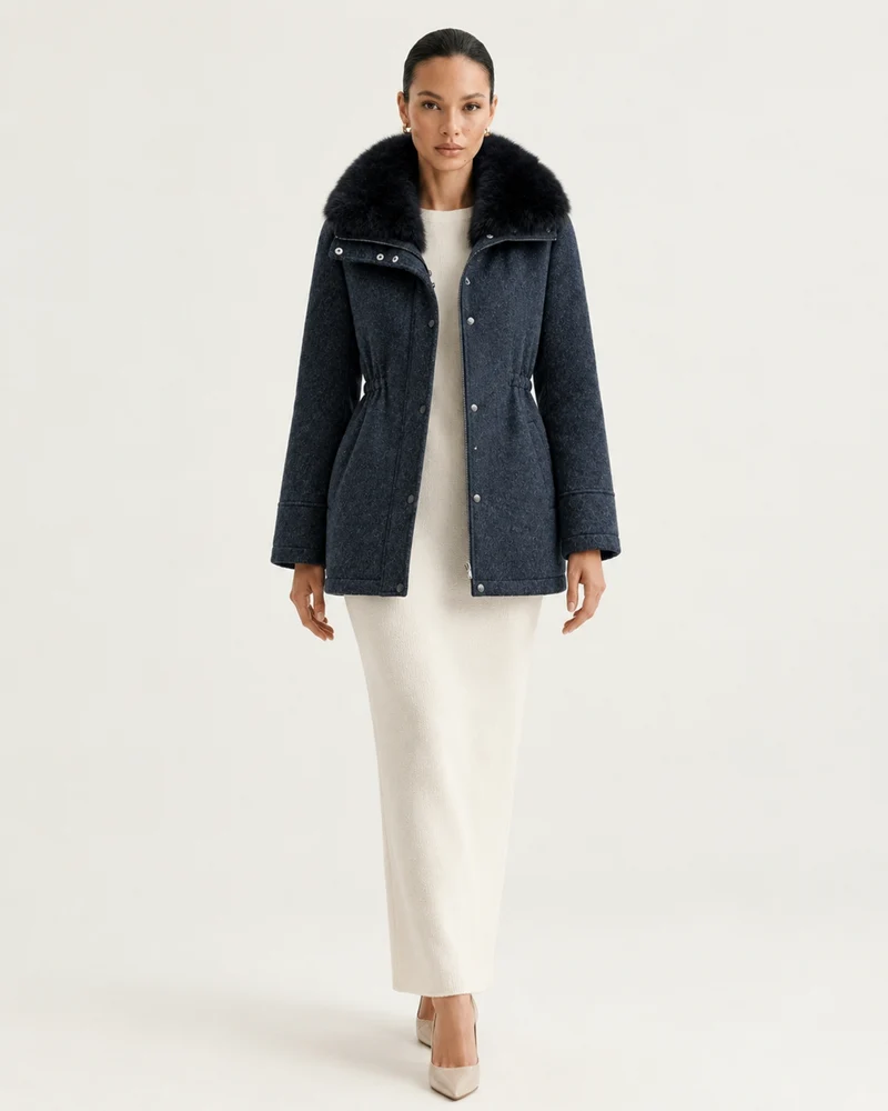 Rabbit Lined Wool Parka with Fox Fur Collar