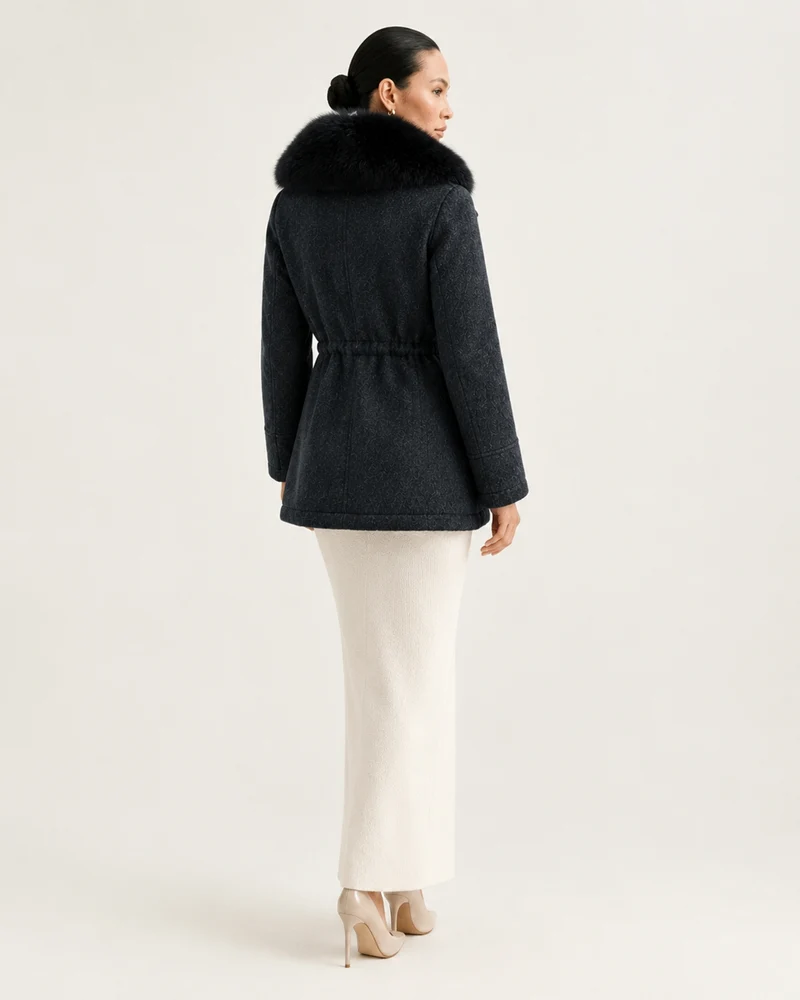 Rabbit Lined Wool Parka with Fox Fur Collar