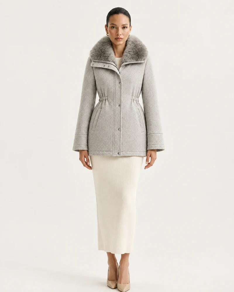 Rabbit Lined Wool Parka with Fox Fur Collar