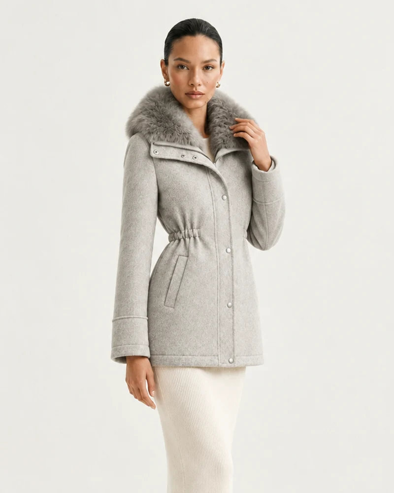 Rabbit Lined Wool Parka with Fox Fur Collar
