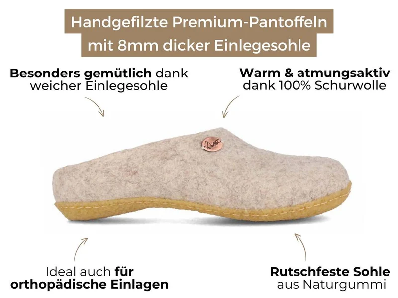Filzpantoffeln mit Einlagen & Gummisohle Classic, beige