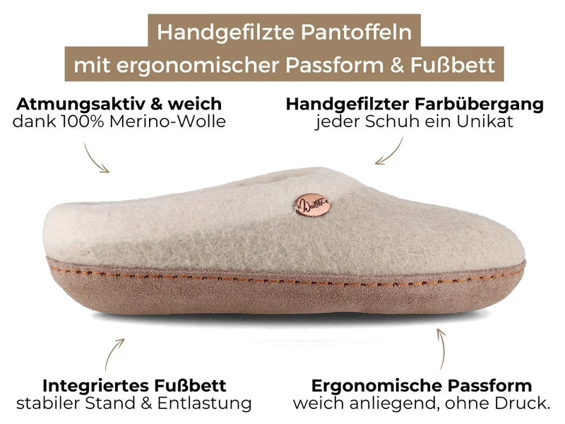 Sherpa Filzpantoffeln mit Fußbett & Ledersohle, oatmeal
