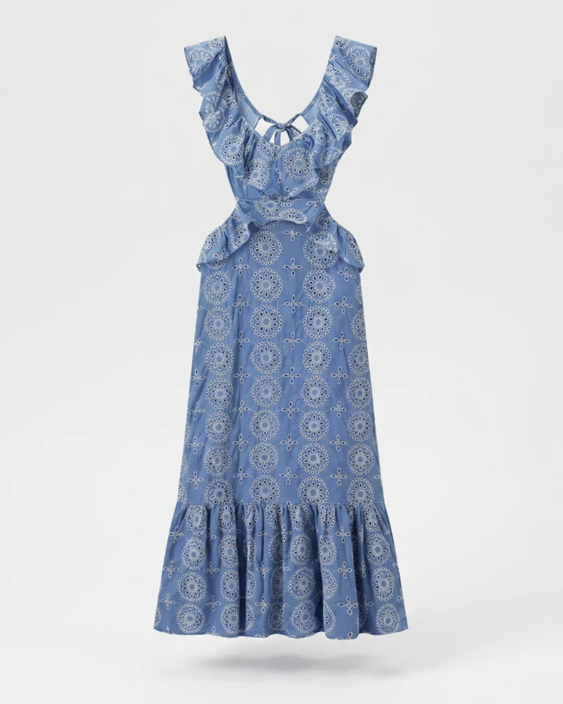 Mykonos Blue Flower Embroidery Dress