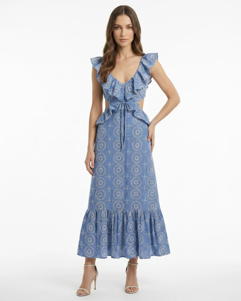 Mykonos Blue Flower Embroidery Dress