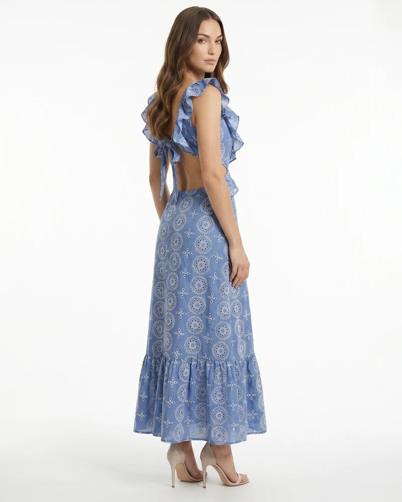 Mykonos Blue Flower Embroidery Dress