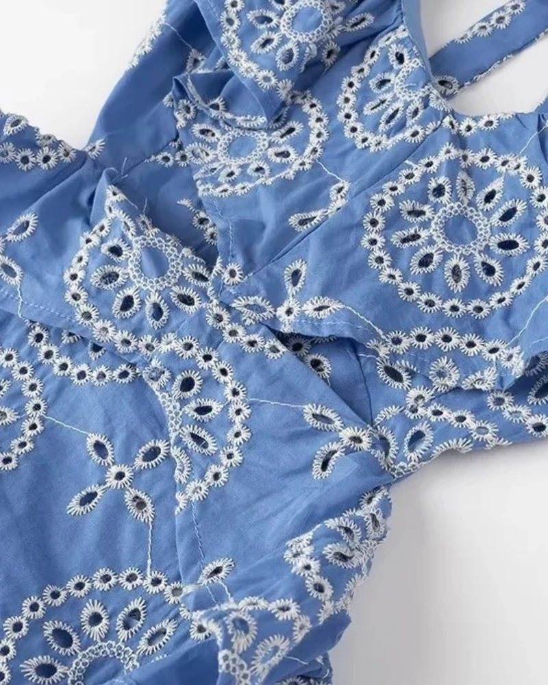 Mykonos Blue Flower Embroidery Dress
