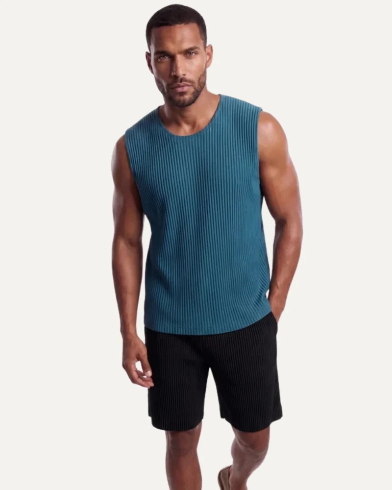 High-End Pleated Nuba Blue Vest T-shirt