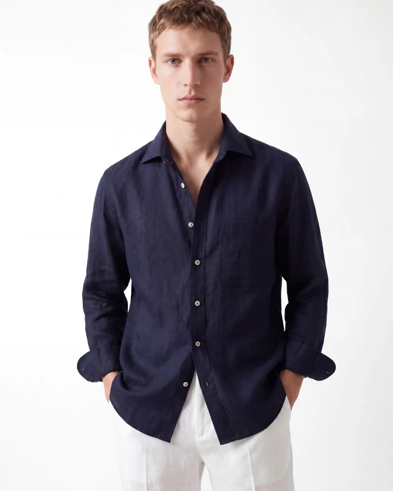 Contemporary Navy Blue Linen Shirt