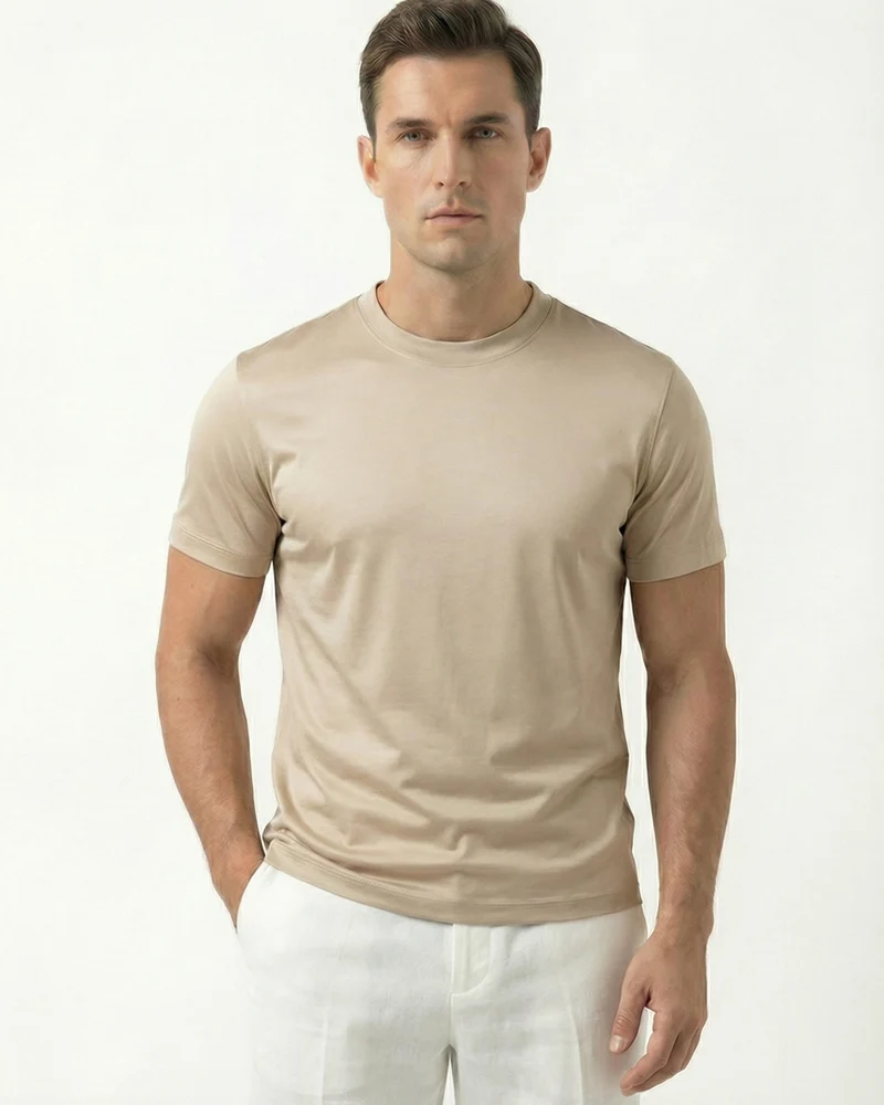 High-Count Outmeal Mercerized Cotton Round Neck Breathable T-Shirt