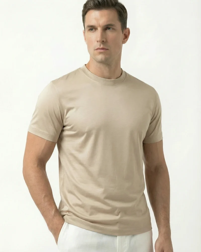 High-Count Outmeal Mercerized Cotton Round Neck Breathable T-Shirt