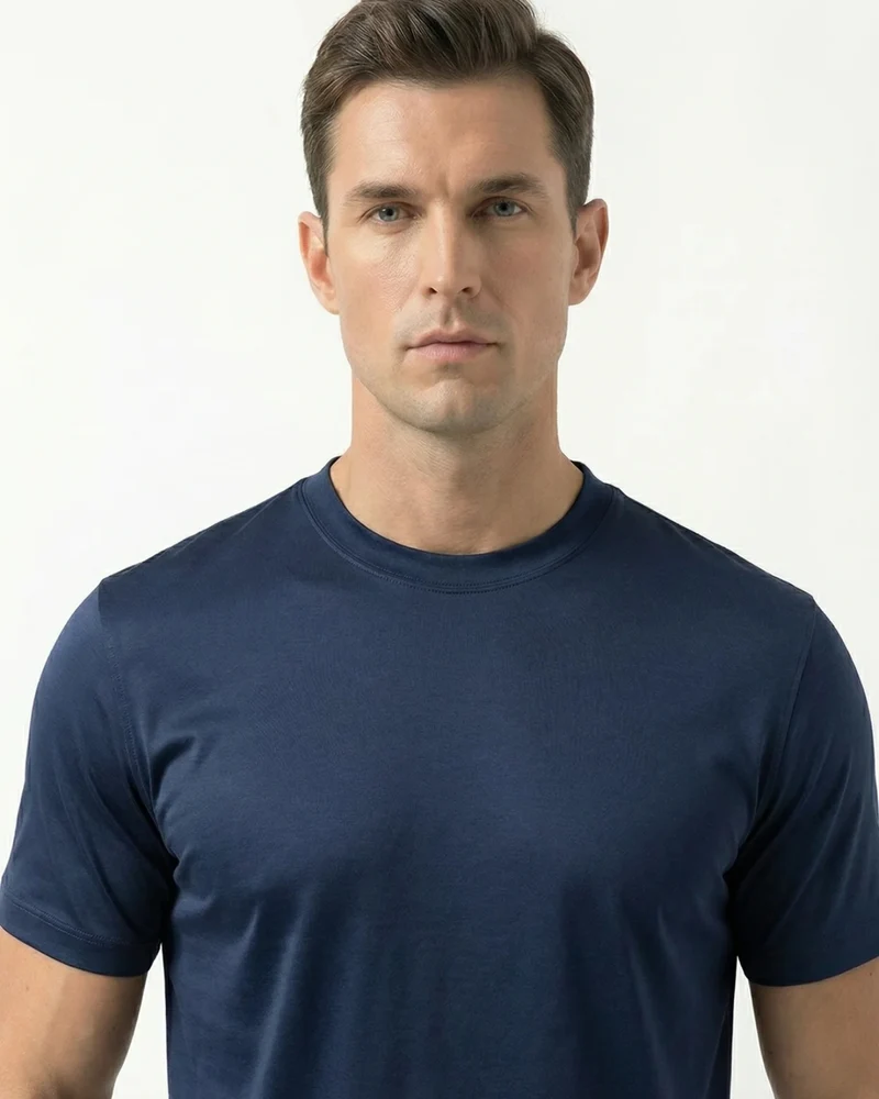 High-Count Dark Navy Mercerized Cotton Round Neck Breathable T-Shirt