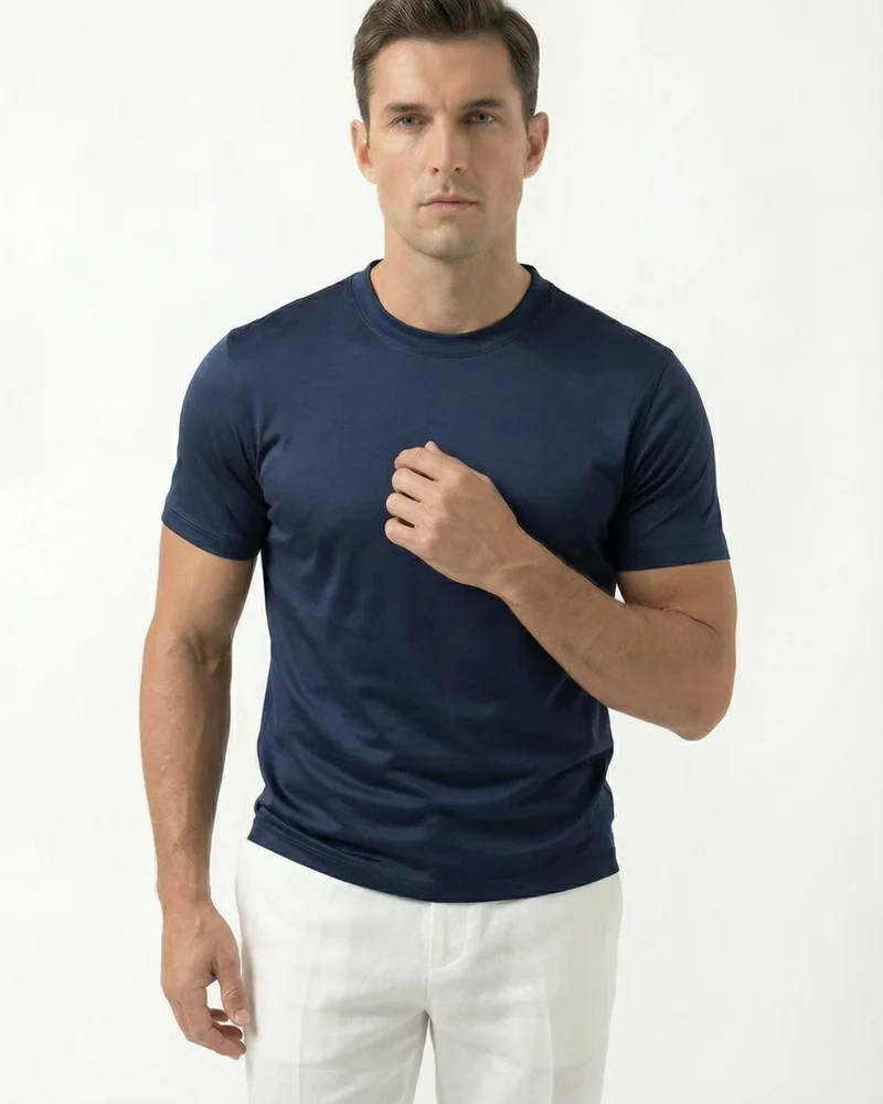 High-Count Dark Navy Mercerized Cotton Round Neck Breathable T-Shirt