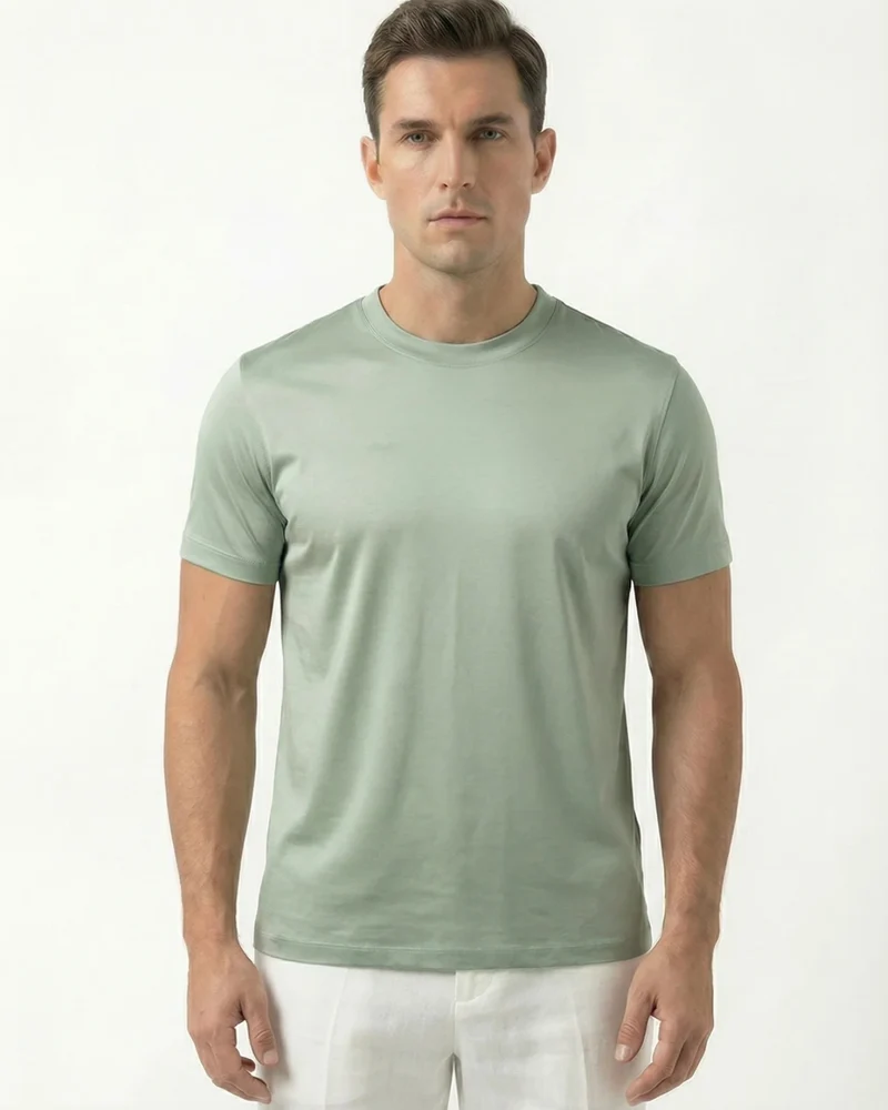 High-Count Green Tea Mercerized Cotton Round Neck Breathable T-Shirt