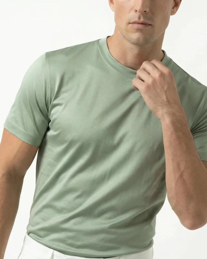 High-Count Green Tea Mercerized Cotton Round Neck Breathable T-Shirt