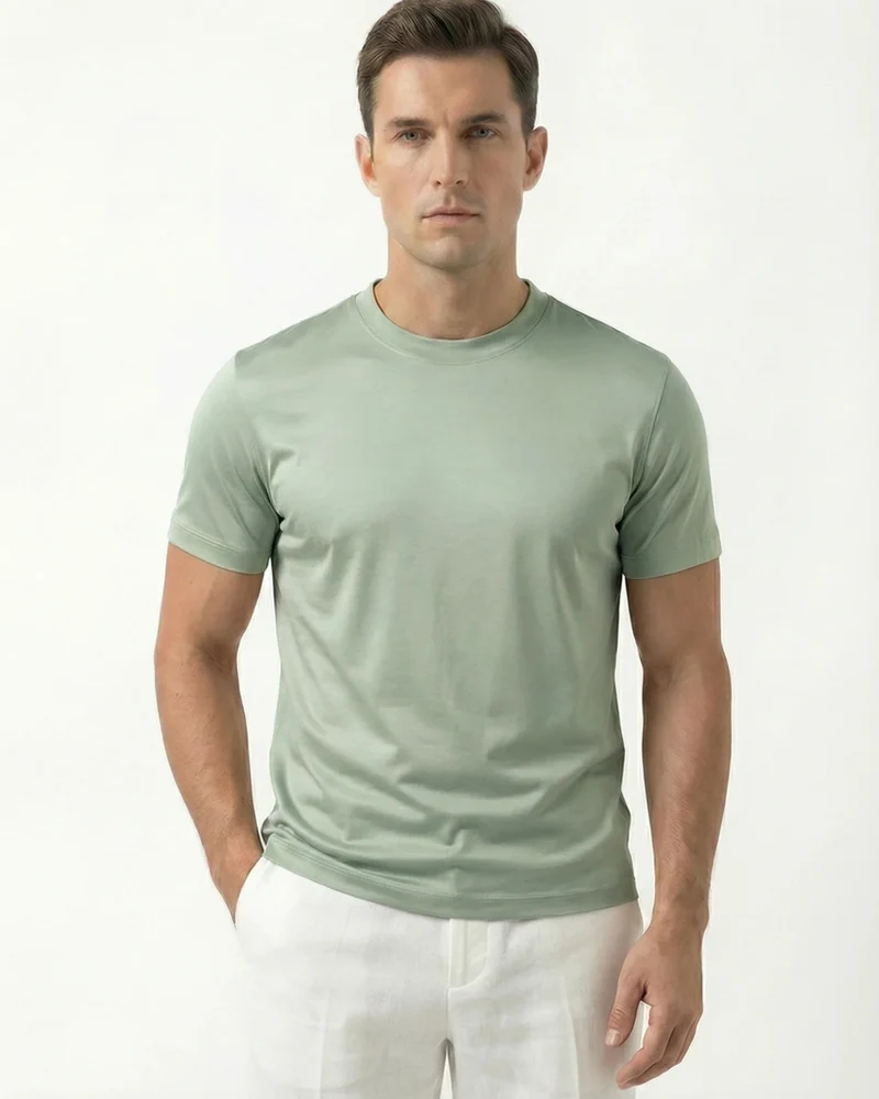 High-Count Green Tea Mercerized Cotton Round Neck Breathable T-Shirt