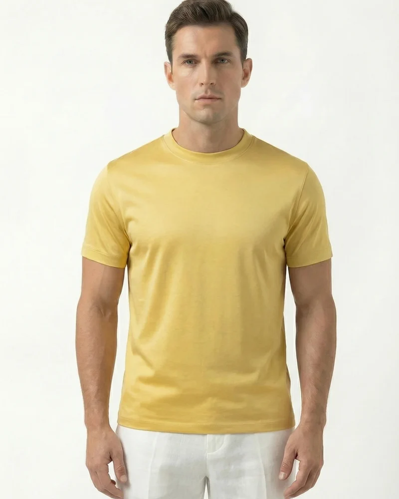 High-Count Dark Yellow Mercerized Cotton Round Neck Breathable T-Shirt