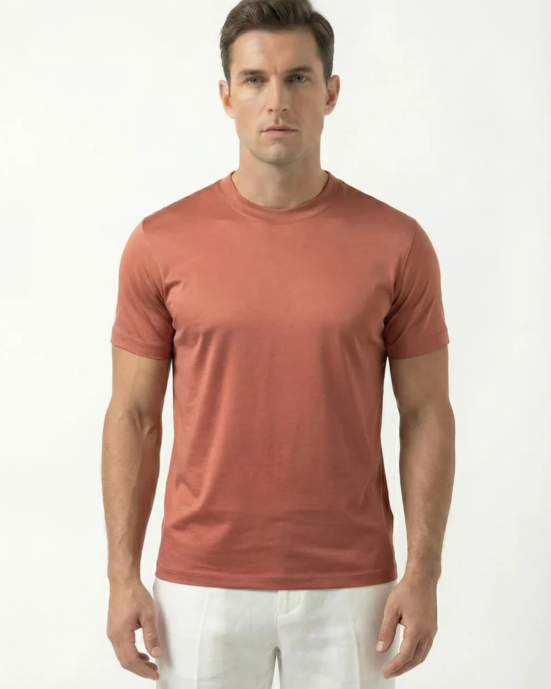 High-Count Red Cream Mercerized Cotton Round Neck Breathable T-Shirt