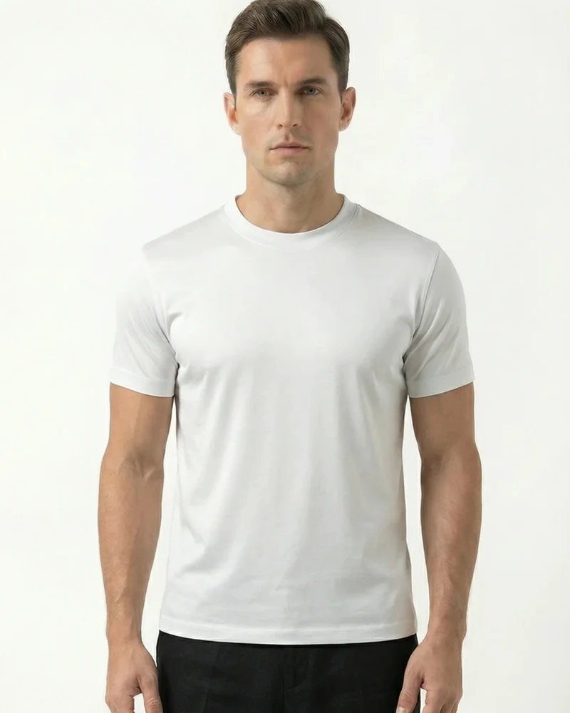 High-Count White Mercerized Cotton Round Neck Breathable T-Shirt