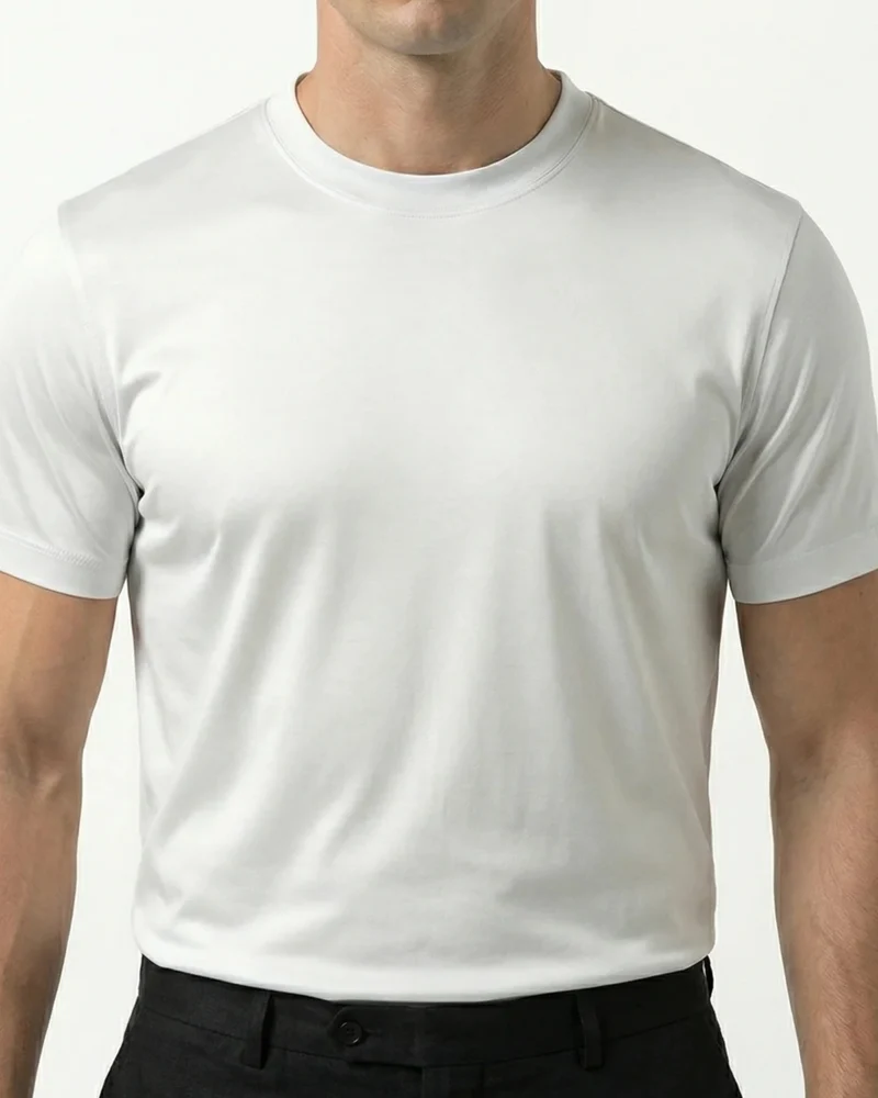 High-Count White Mercerized Cotton Round Neck Breathable T-Shirt