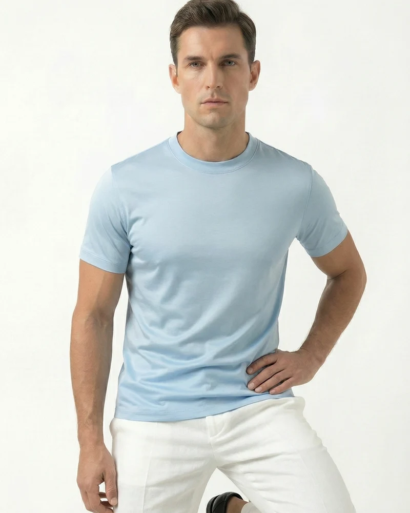 High-Count Light Blue Mercerized Cotton Round Neck Breathable T-Shirt