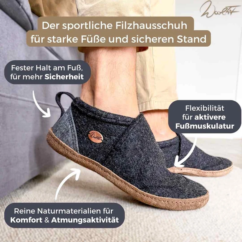 Taiga – hoher Filzhausschuh aus Wolle mit Ledersohle, dunkelgrau